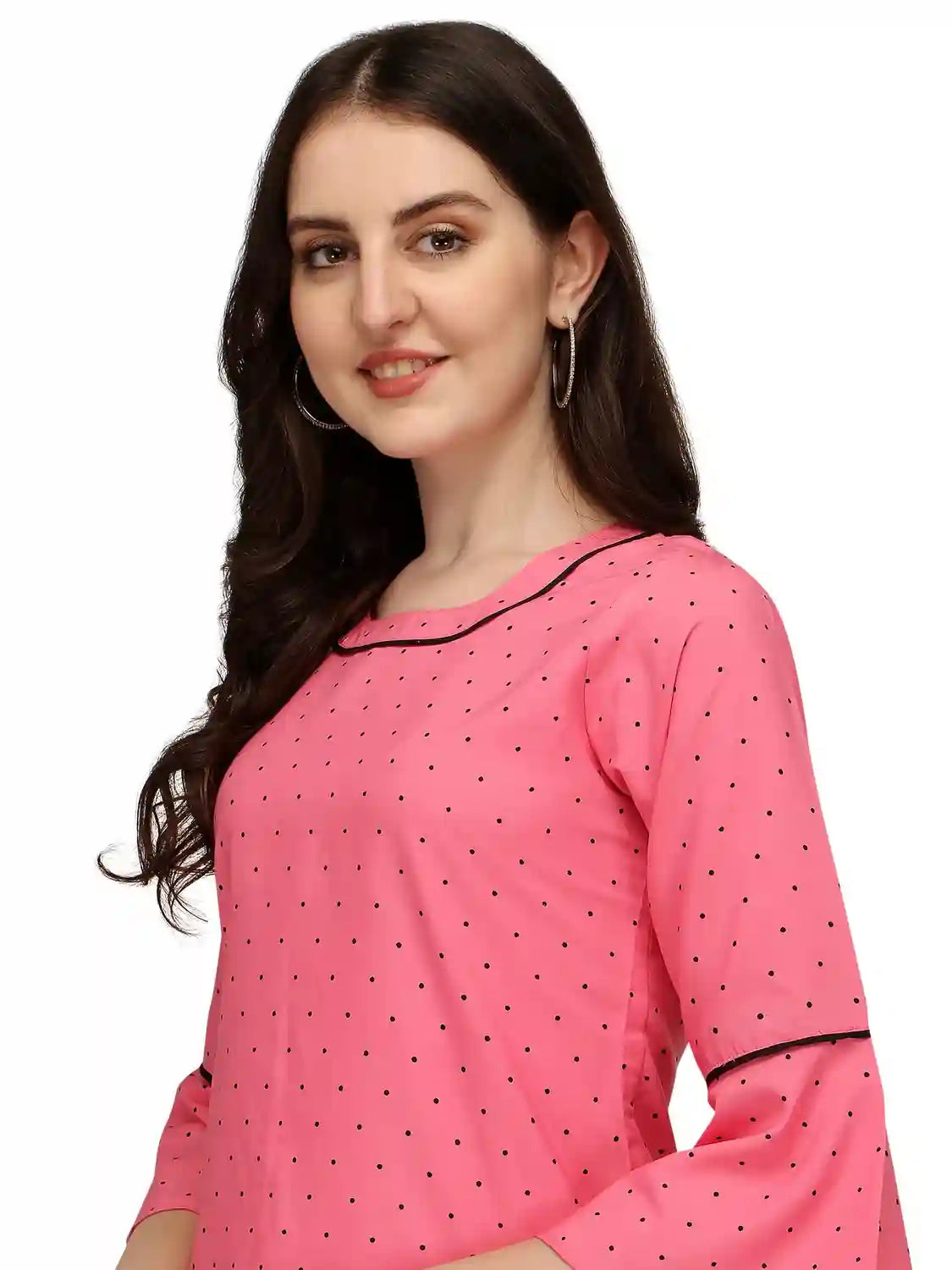 pink stylish polka dot bell sleeve crepe daily wear tunic tops