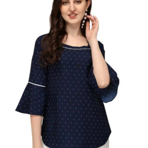blue stylish polka dot bell sleeve crepe daily wear tunic tops