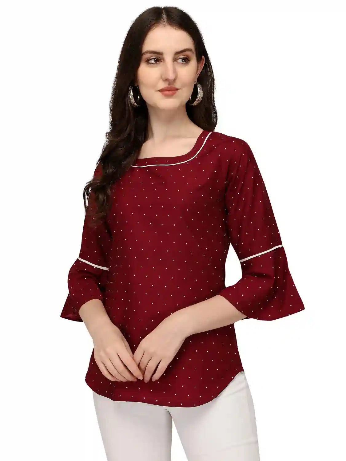 maroon stylish polka dot bell sleeve crepe daily wear tunic tops