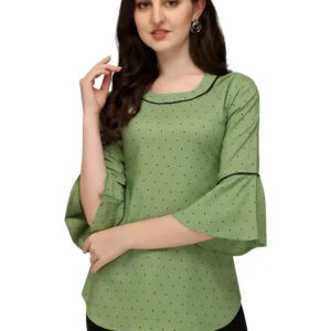 green stylish polka dot bell sleeve crepe daily wear tunic tops