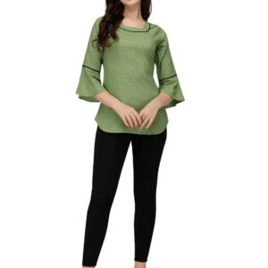 green stylish polka dot bell sleeve crepe daily wear tunic tops
