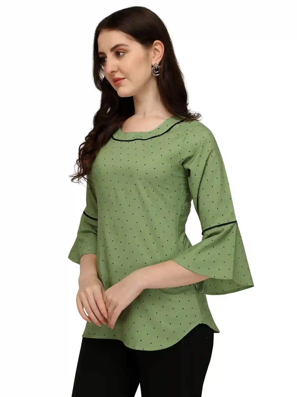 green stylish polka dot bell sleeve crepe daily wear tunic tops