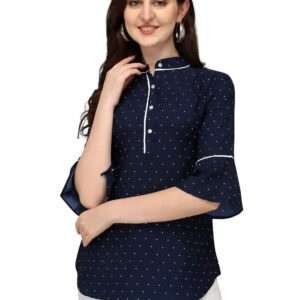 blue stylish bindi dot bell sleeve crepe casual tunic tops