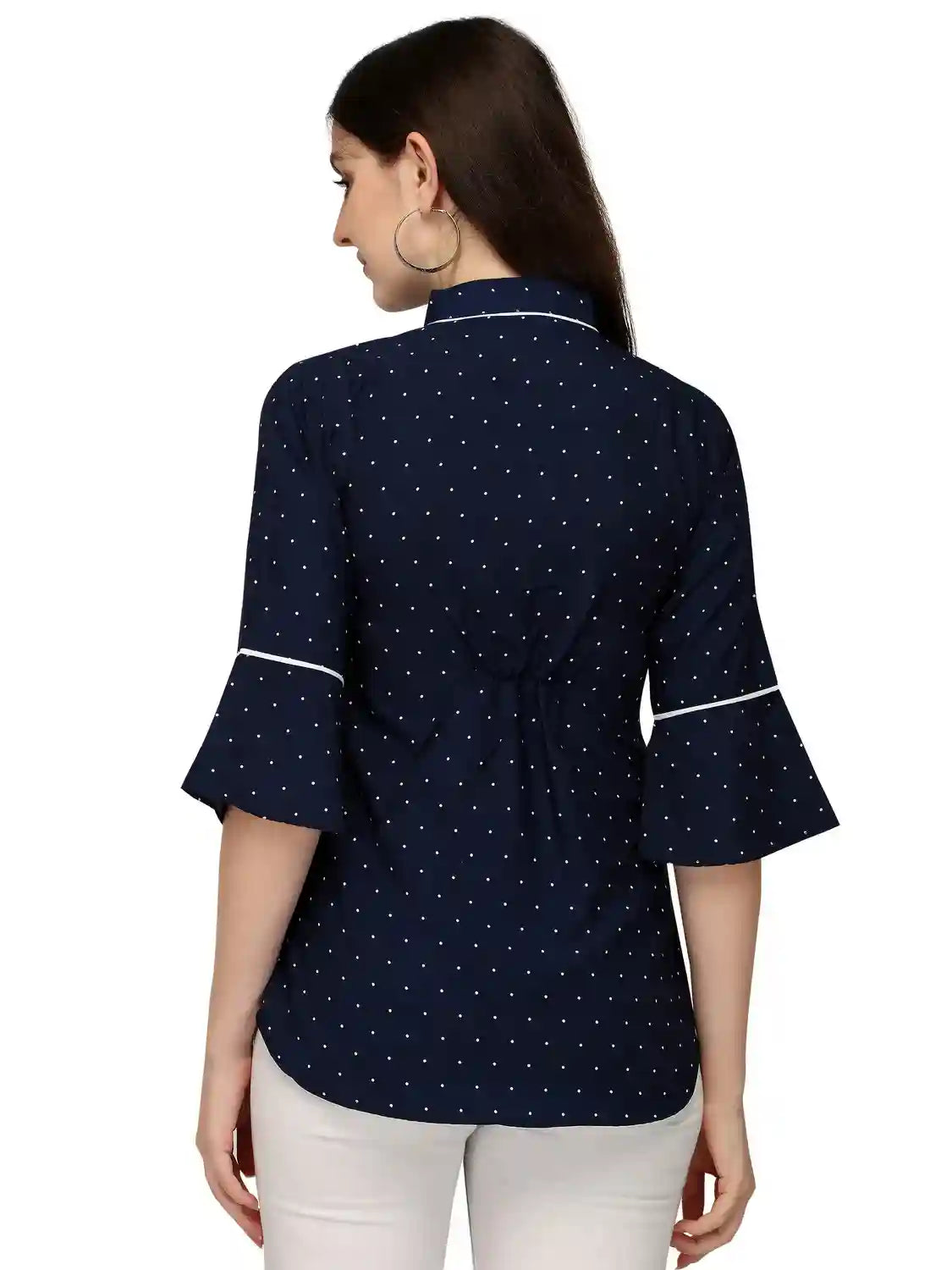 blue stylish bindi dot bell sleeve crepe casual tunic tops