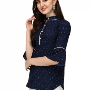 blue stylish bindi dot bell sleeve crepe casual tunic tops