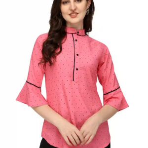 pink stylish bindi dot bell sleeve crepe casual tunic tops
