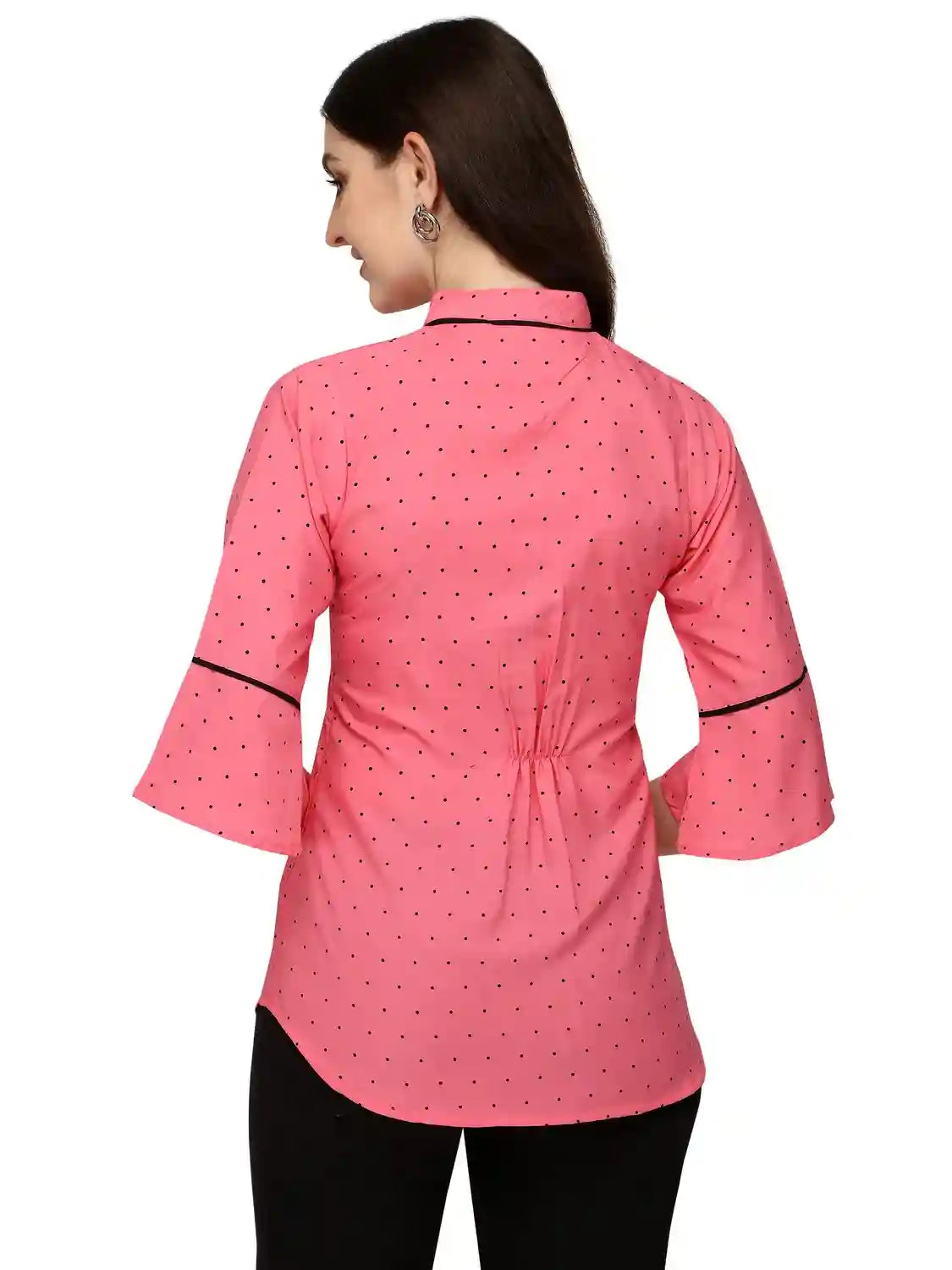 pink stylish bindi dot bell sleeve crepe casual tunic tops
