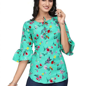 light blue flower round neck crepe casual tunic tops