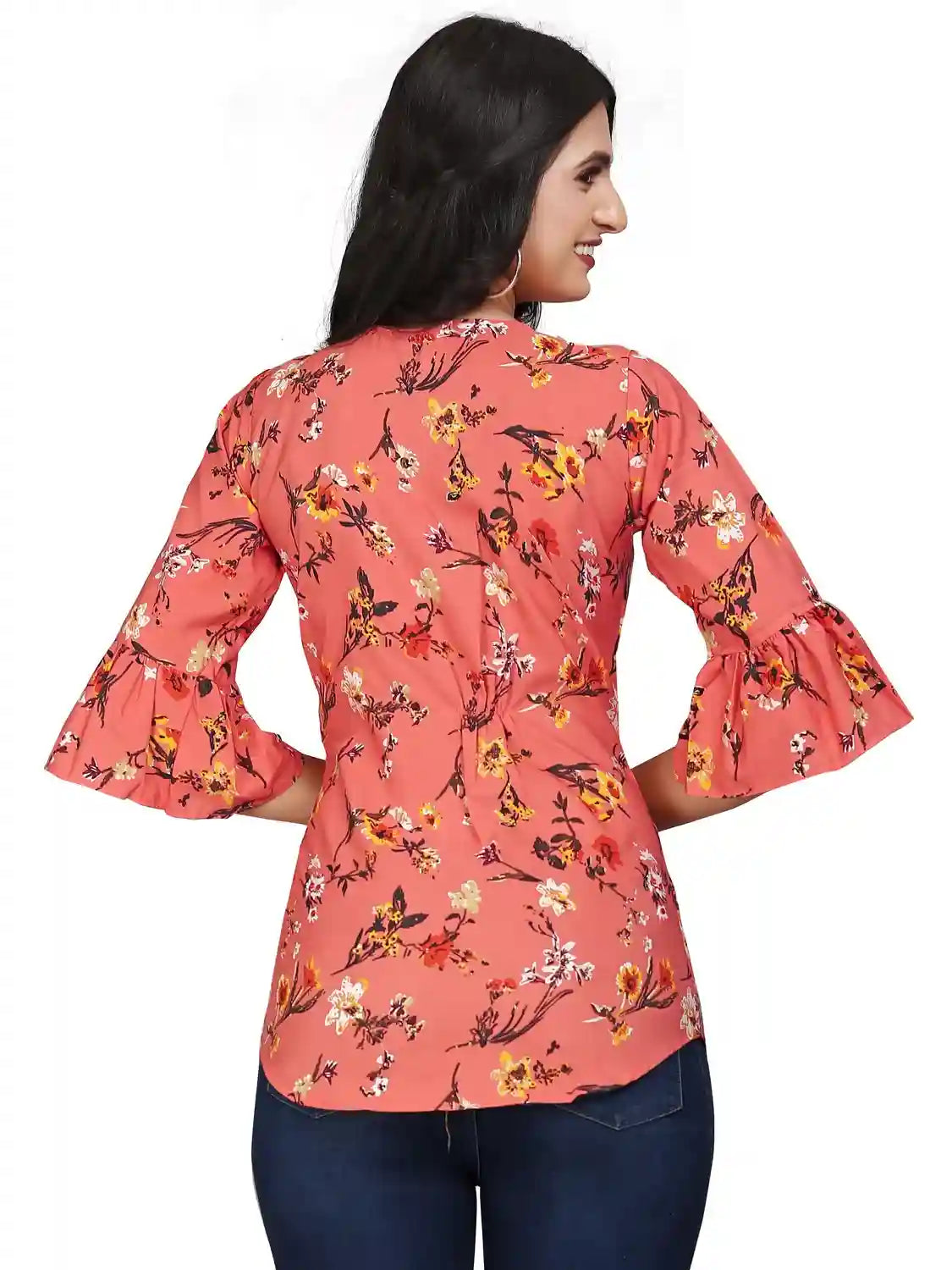 orange flower round neck crepe casual tunic tops