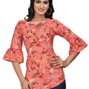 orange flower round neck crepe casual tunic tops