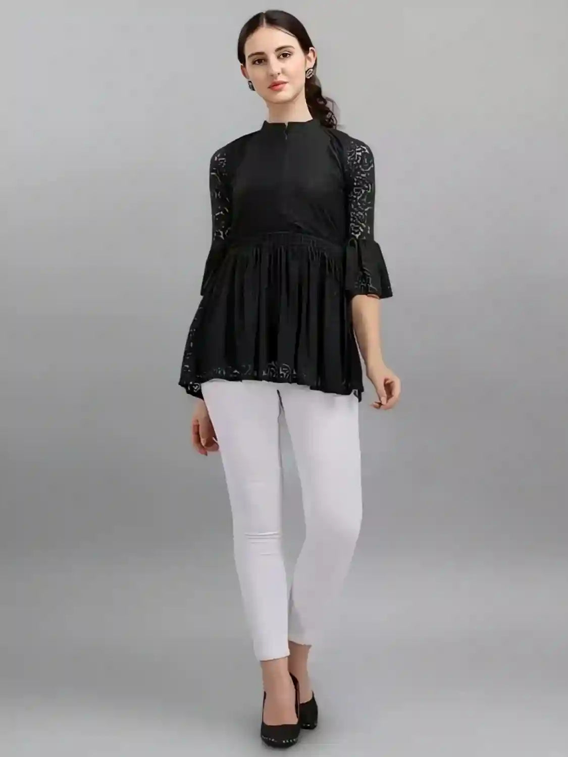 black women's net top with inner | bell sleeves | chain round neck | hip length | casual & party wear