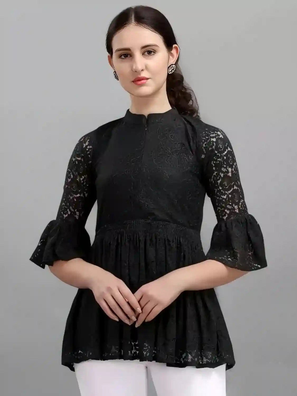 black women's net top with inner | bell sleeves | chain round neck | hip length | casual & party wear