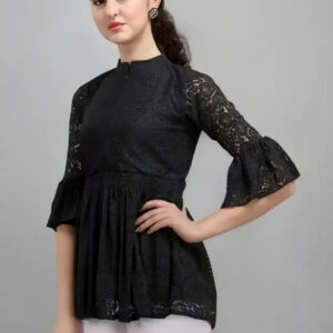 black women's net top with inner | bell sleeves | chain round neck | hip length | casual & party wear