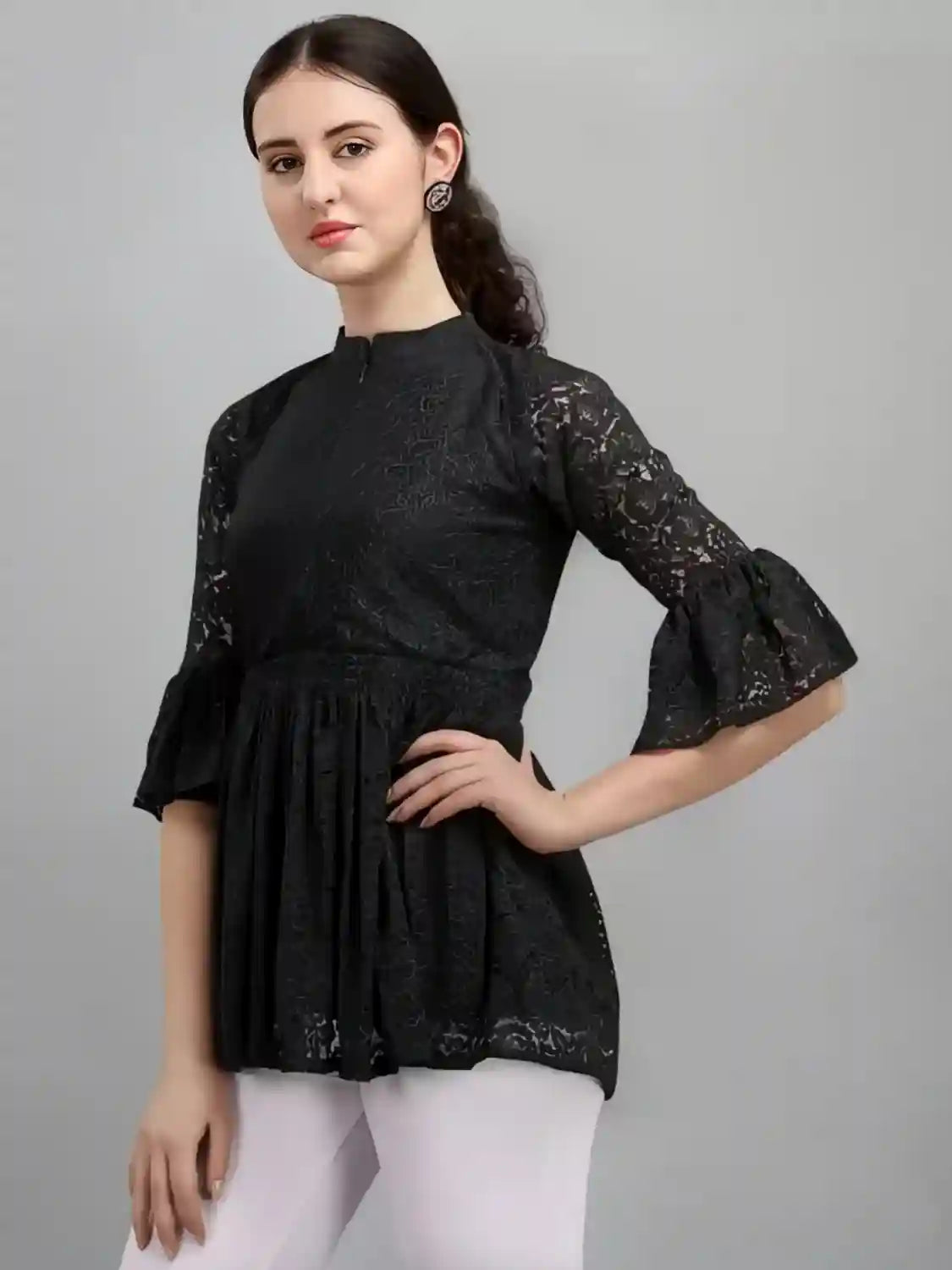 black women's net top with inner | bell sleeves | chain round neck | hip length | casual & party wear