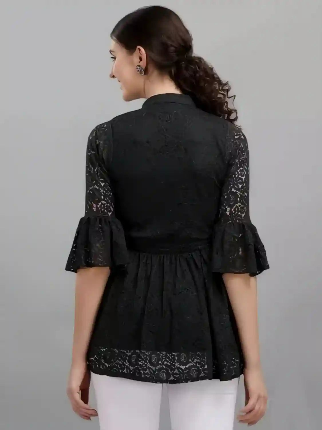 black women's net top with inner | bell sleeves | chain round neck | hip length | casual & party wear