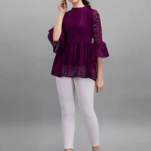 purple women's net top with inner | bell sleeves | chain round neck | hip length | casual & party wear