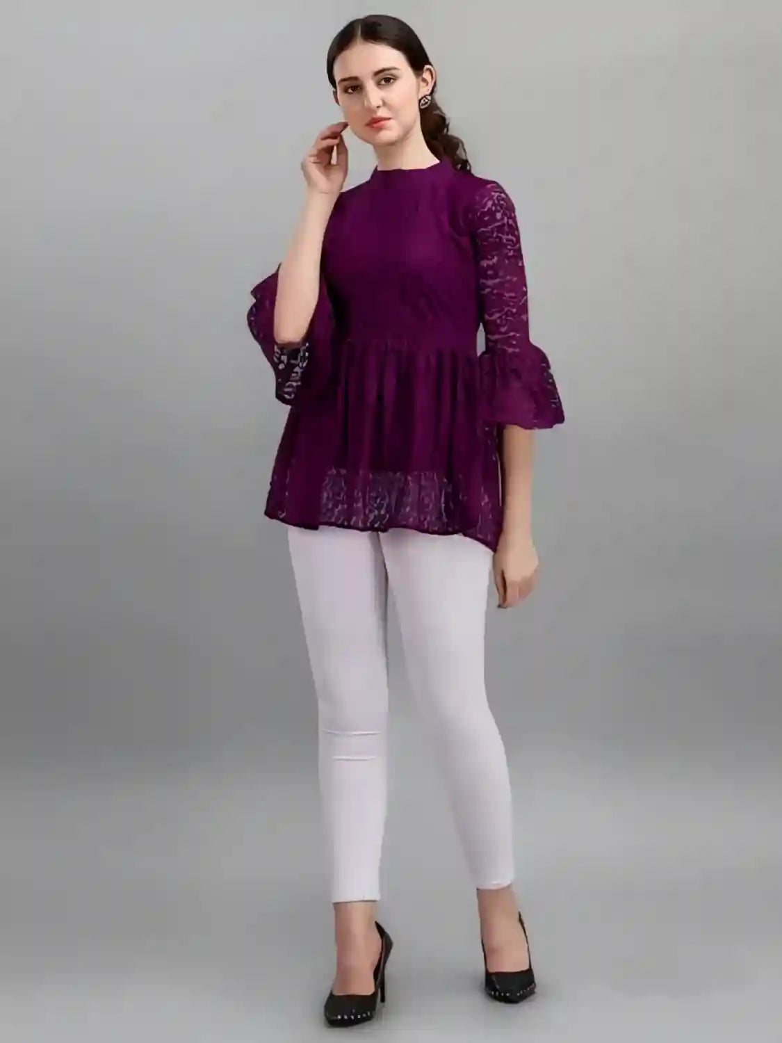 purple women's net top with inner | bell sleeves | chain round neck | hip length | casual & party wear