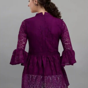 purple women's net top with inner | bell sleeves | chain round neck | hip length | casual & party wear
