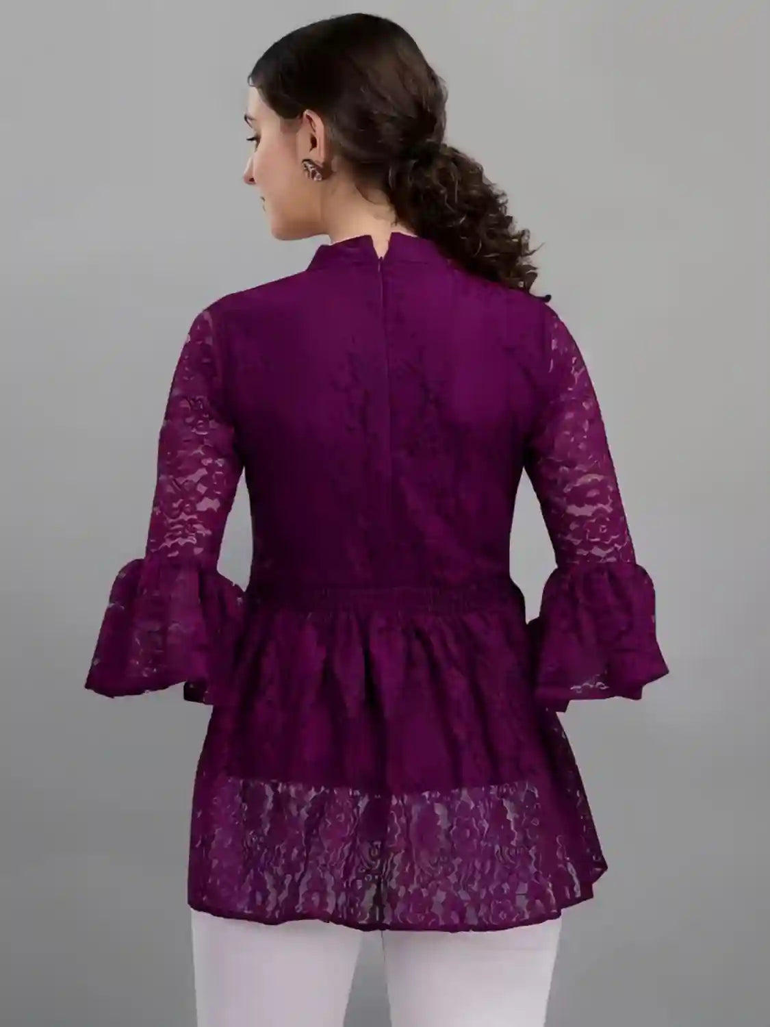 purple women's net top with inner | bell sleeves | chain round neck | hip length | casual & party wear