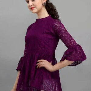 purple women's net top with inner | bell sleeves | chain round neck | hip length | casual & party wear