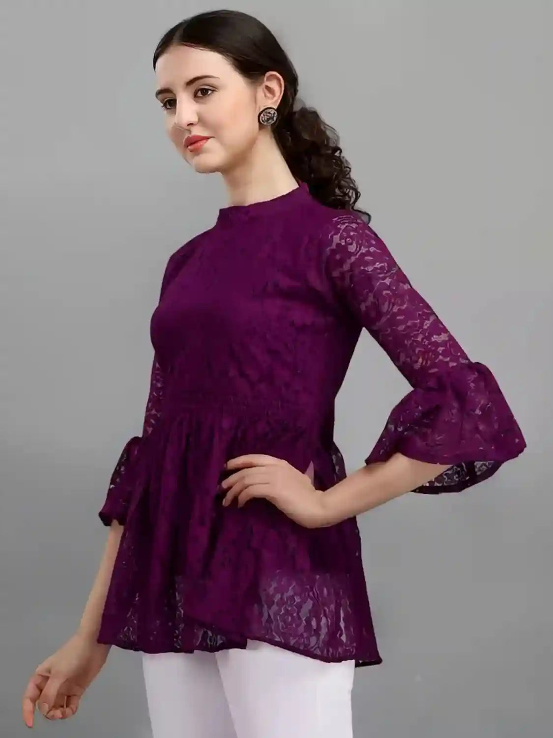 purple women's net top with inner | bell sleeves | chain round neck | hip length | casual & party wear