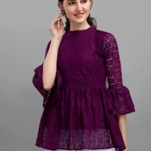 purple women's net top with inner | bell sleeves | chain round neck | hip length | casual & party wear