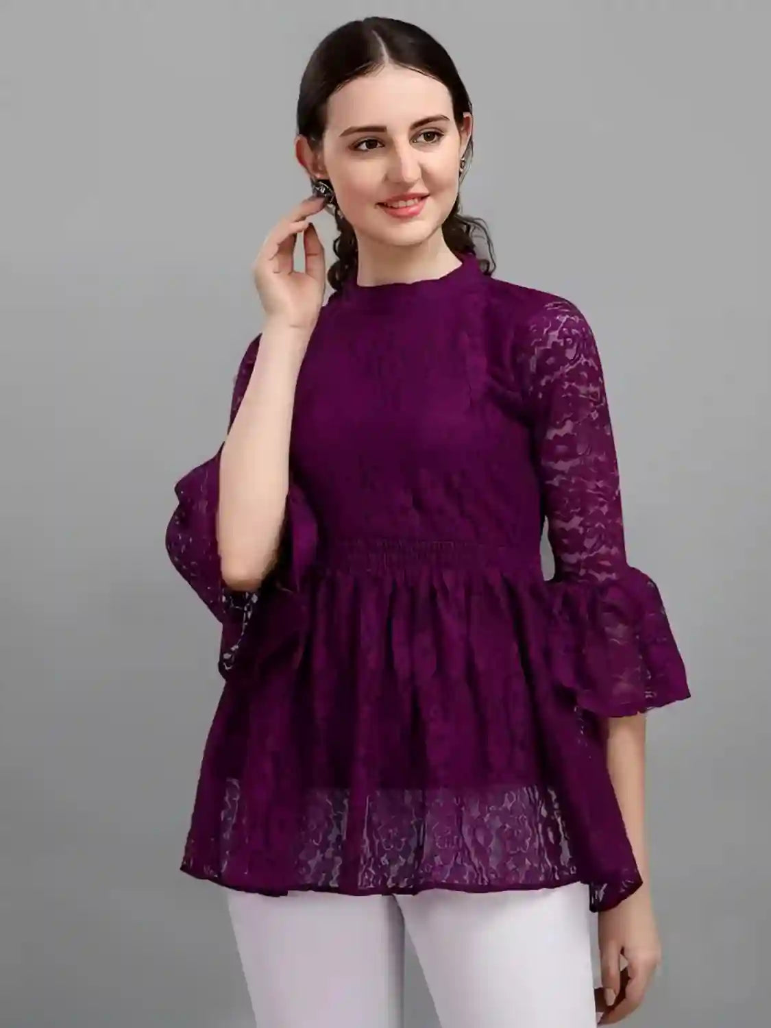 purple women's net top with inner | bell sleeves | chain round neck | hip length | casual & party wear