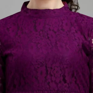 purple women's net top with inner | bell sleeves | chain round neck | hip length | casual & party wear