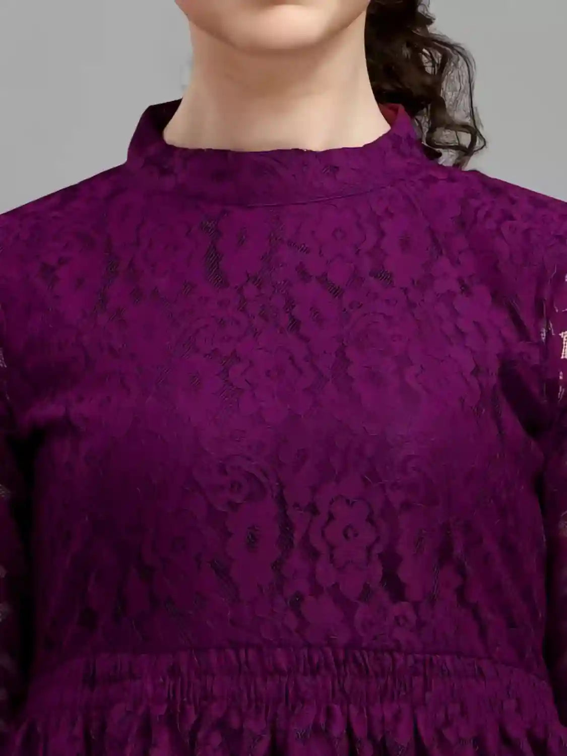 purple women's net top with inner | bell sleeves | chain round neck | hip length | casual & party wear