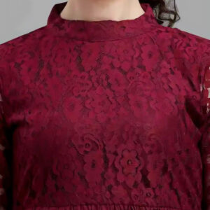 maroon women's net top with inner | bell sleeves | chain round neck | hip length | casual & party wear