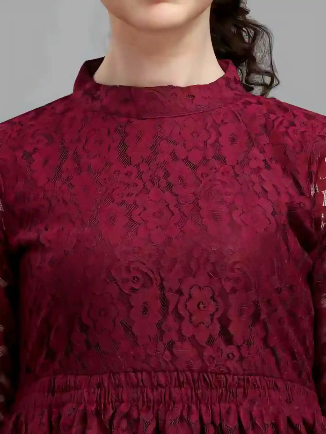 maroon women's net top with inner | bell sleeves | chain round neck | hip length | casual & party wear