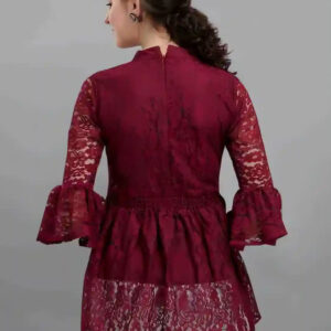maroon women's net top with inner | bell sleeves | chain round neck | hip length | casual & party wear