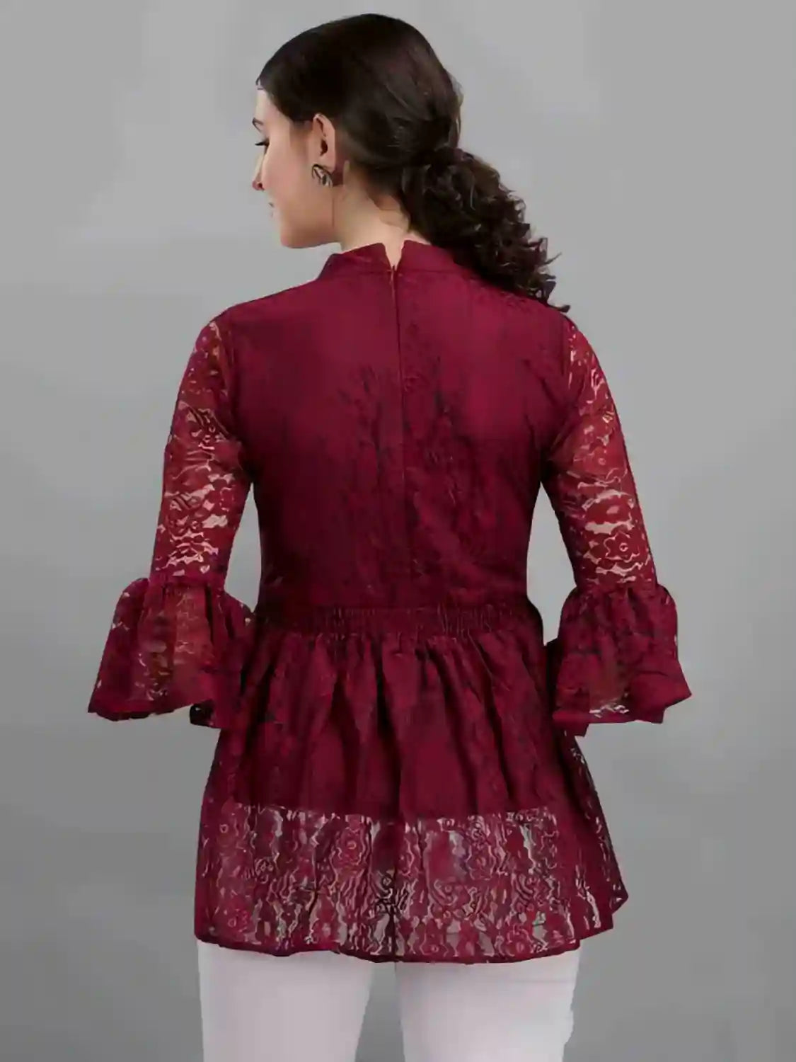 maroon women's net top with inner | bell sleeves | chain round neck | hip length | casual & party wear