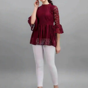 maroon women's net top with inner | bell sleeves | chain round neck | hip length | casual & party wear