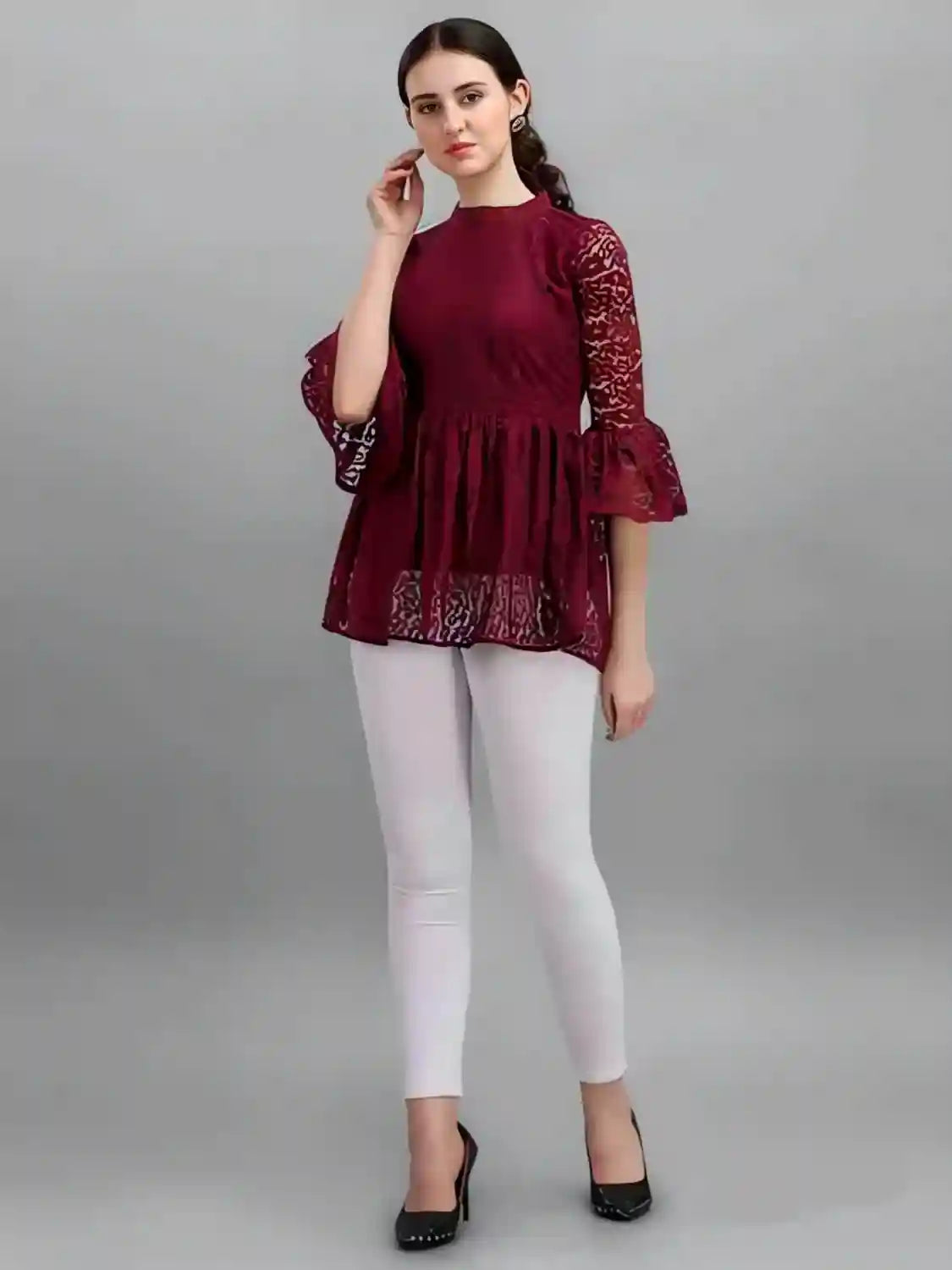 maroon women's net top with inner | bell sleeves | chain round neck | hip length | casual & party wear