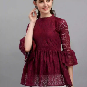maroon women's net top with inner | bell sleeves | chain round neck | hip length | casual & party wear