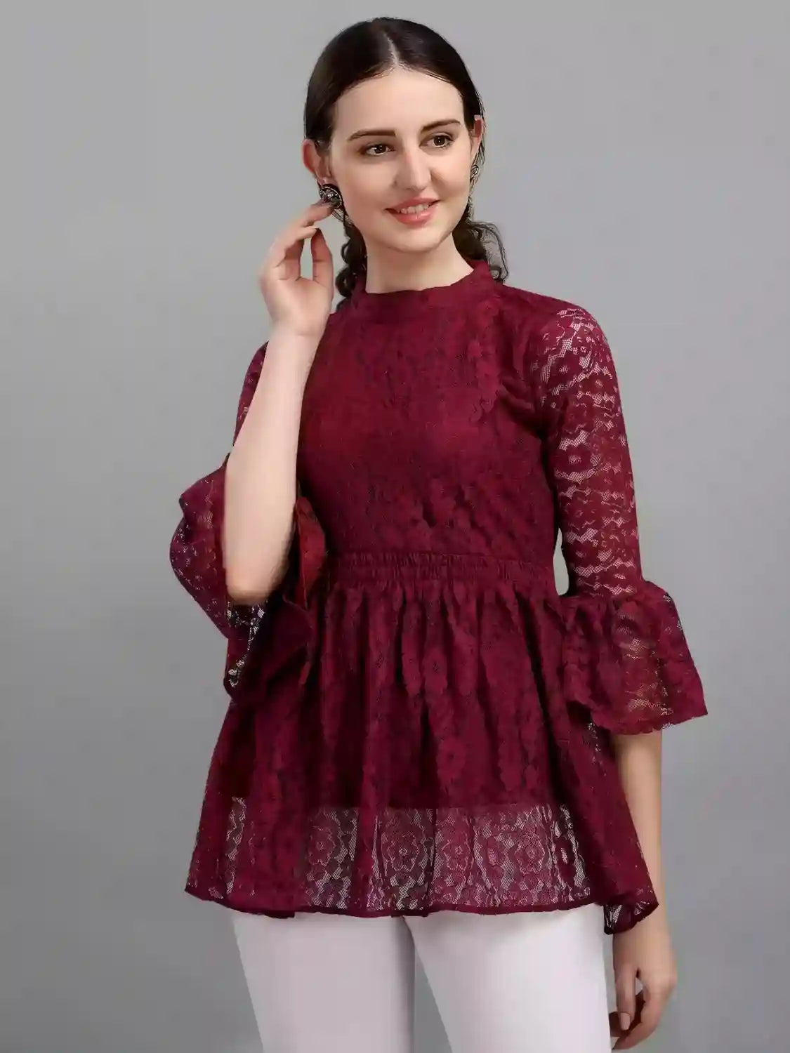 maroon women's net top with inner | bell sleeves | chain round neck | hip length | casual & party wear