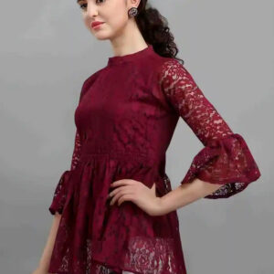 maroon women's net top with inner | bell sleeves | chain round neck | hip length | casual & party wear