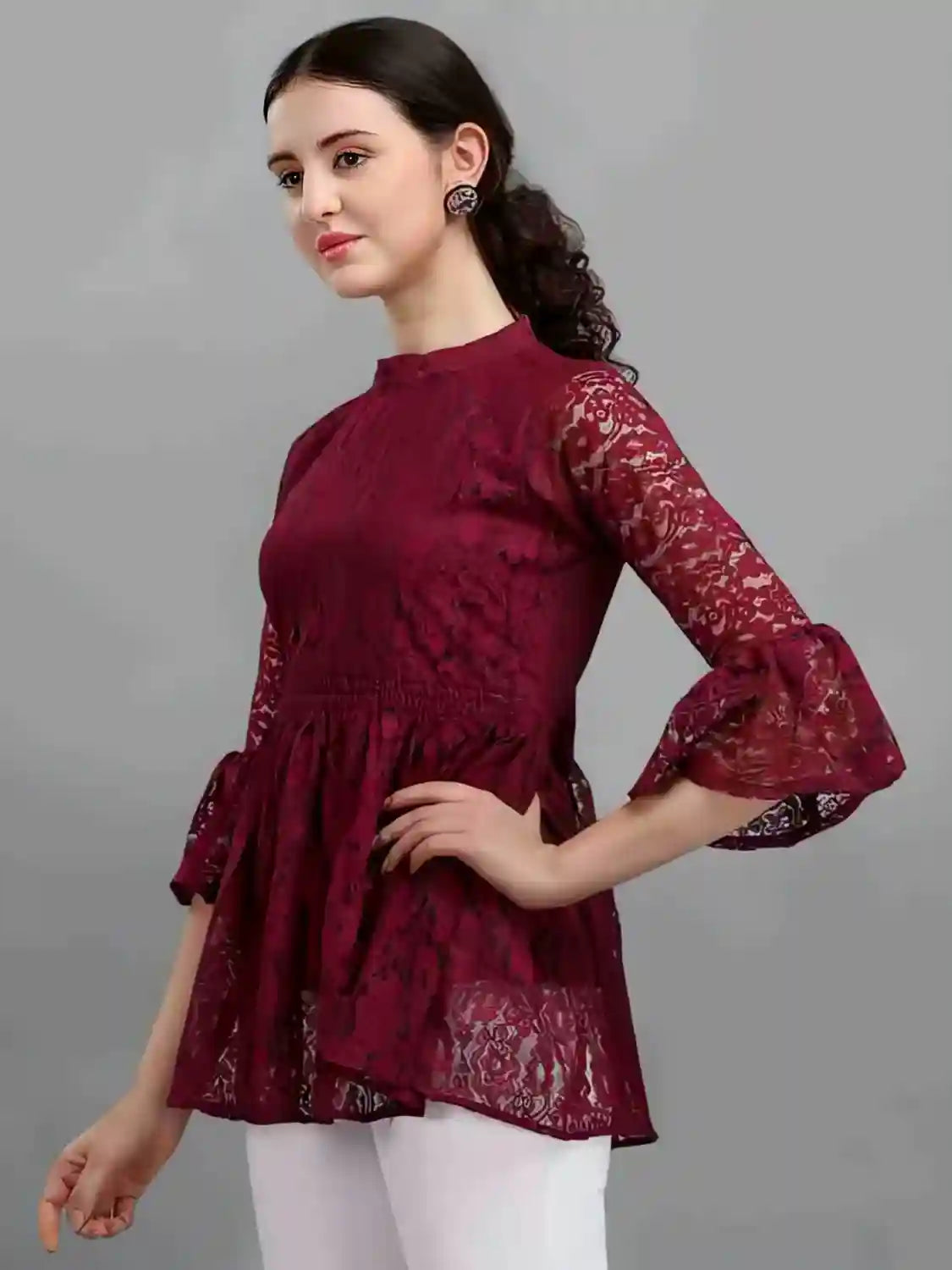 maroon women's net top with inner | bell sleeves | chain round neck | hip length | casual & party wear