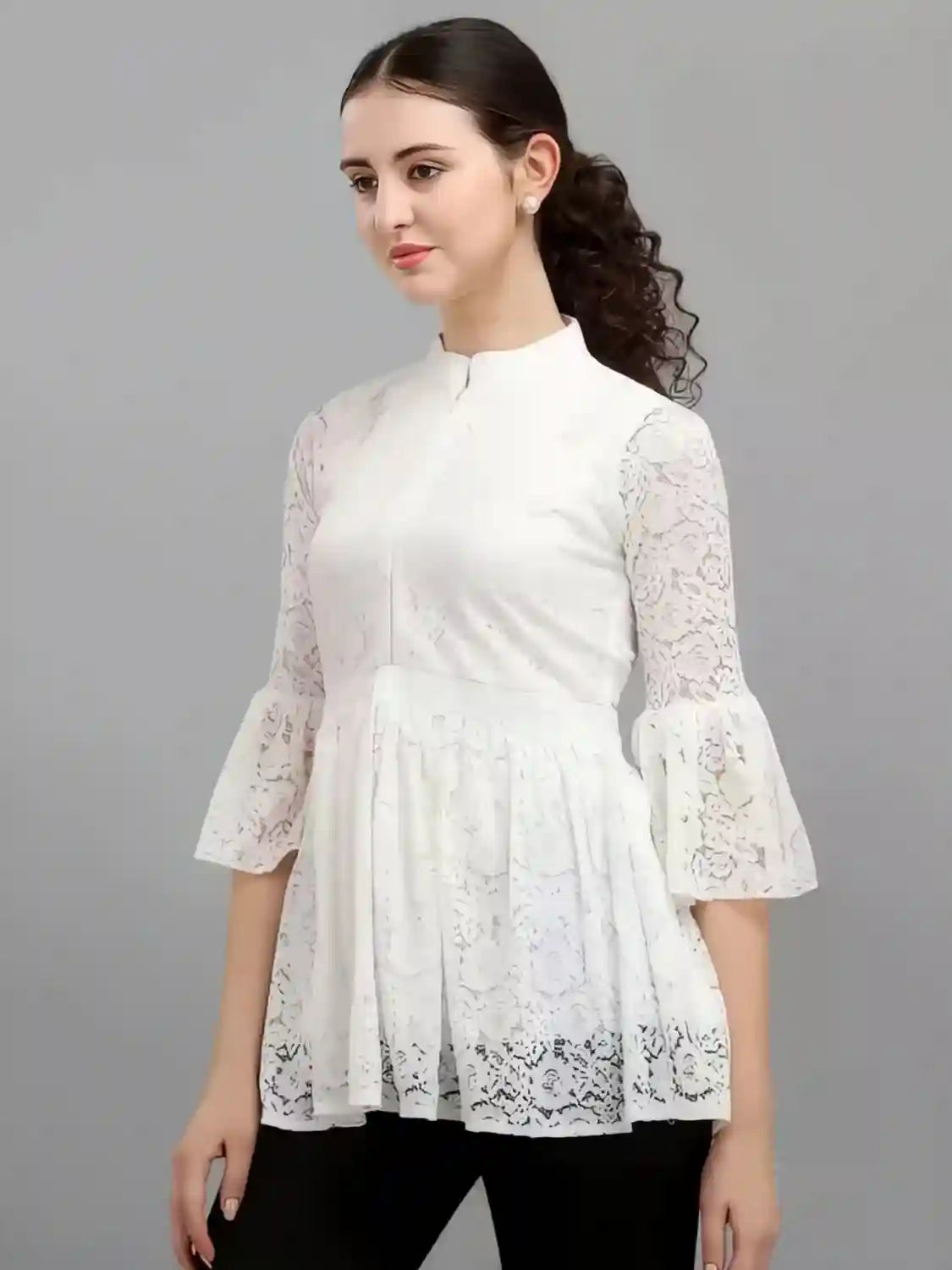 white women's net top with inner | bell sleeves | chain round neck | hip length | casual & party wear