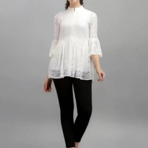 white women's net top with inner | bell sleeves | chain round neck | hip length | casual & party wear