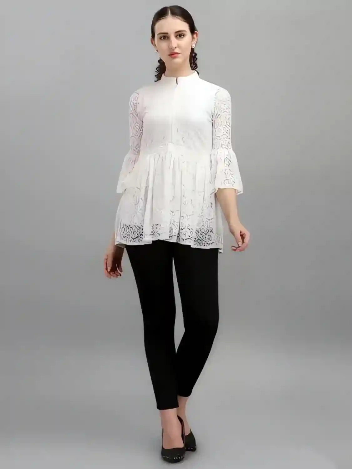 white women's net top with inner | bell sleeves | chain round neck | hip length | casual & party wear