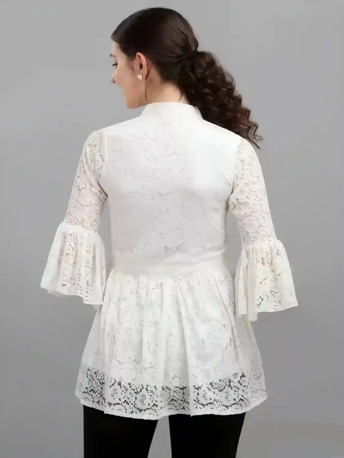 white women's net top with inner | bell sleeves | chain round neck | hip length | casual & party wear