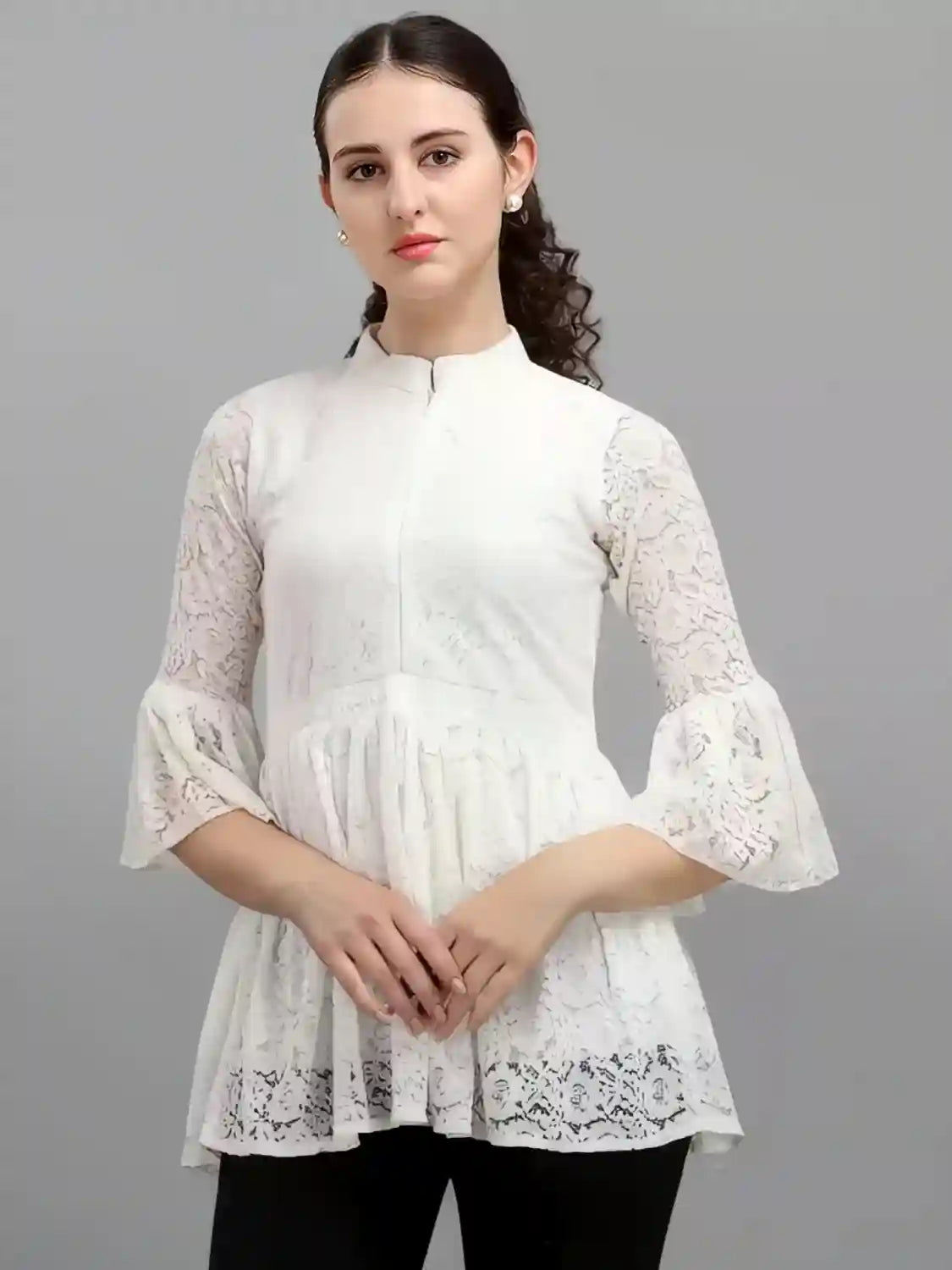 white women's net top with inner | bell sleeves | chain round neck | hip length | casual & party wear