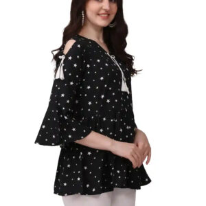 women's stylish star print black crepe top | v neck, bell sleeves | casual & party wear
