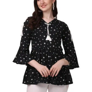 women's stylish star print black crepe top | v neck, bell sleeves | casual & party wear
