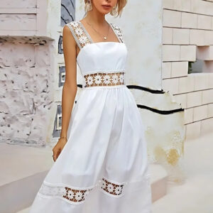 white crepe & lace crochet wide strap party wear dress
