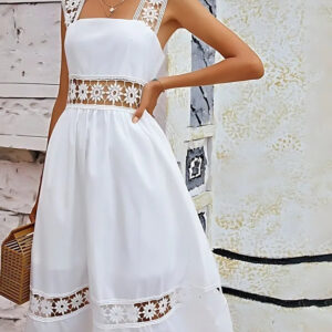 white crepe & lace crochet wide strap party wear dress