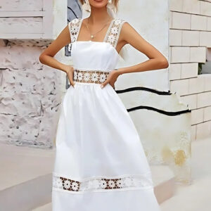 white crepe & lace crochet wide strap party wear dress