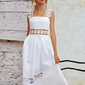 white crepe & lace crochet wide strap party wear dress